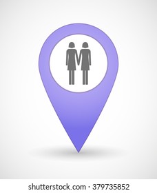 Illustration of a map mark icon with a lesbian couple pictogram
