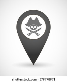 Illustration of a map mark icon with a pirate skull