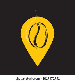 Illustration of a map mark icon with a scented coffee bean. Coffee point logo isolated on black background. Vector design element, business sign, label, badge, logo, identity and other branding object