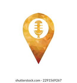 Ilustración de un icono de marcador de mapa con un micrófono en un fondo blanco