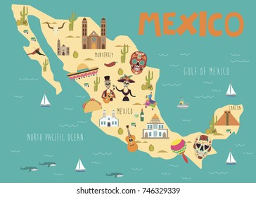 Illustration map of Mexico with landmarks. Vector illustration