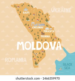 Illustration map of Moldova with city, landmarks and nature. Editable vector illustration