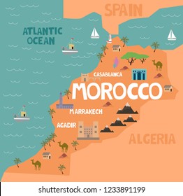 Illustration map of Morocco with city, landmarks and nature. Editable vector illustration