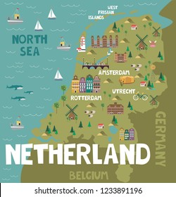 Illustration map of Netherland with city, landmarks and nature. Editable vector illustration