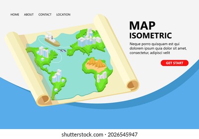 Illustration of a map on paper, ships from one island to another. perfect for landing pages, headers, flyers, banners, infographics and other graphic assets in an isometric vector style