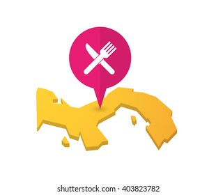 Illustration of a map of Panama with a map marker and a knife and a fork