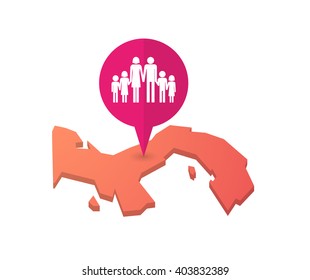 Illustration of a map of Panama with a map marker and a large family  pictogram