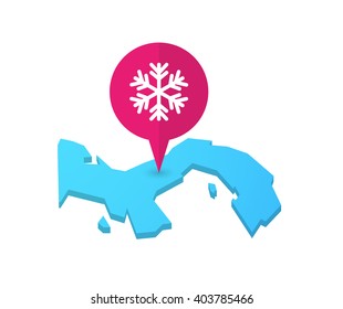 Illustration of a map of Panama with a map marker and a snow flake