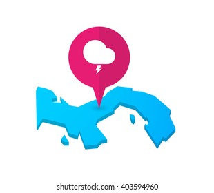 Illustration of a map of Panama with a map marker and a stormy cloud