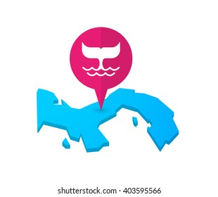 Illustration of a map of Panama with a map marker and a whale tail