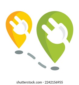 Illustration of map pointer and power cable. Concept illustration for planning route of charging station location point.