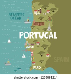 Illustration map of Portugal with city, landmarks and nature. Editable vector illustration