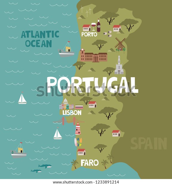 Illustration Map Portugal City Landmarks Nature Stock Vector (Royalty ...