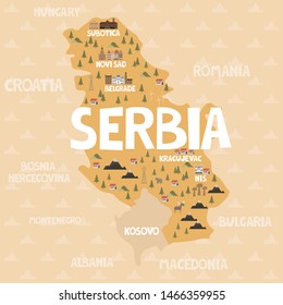 Illustration map of Serbia with city, landmarks and nature. Editable vector illustration