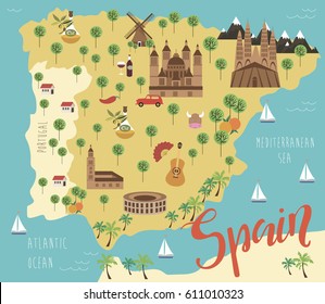 Mapa de ilustraciones de España con animales y monumentos. Ilustración del vector