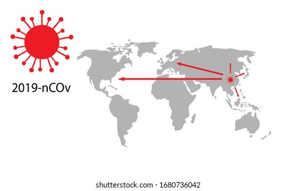 ilustración de un mapa de la propagación del virus de la corona desde China hasta los rincones del mundo