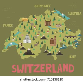 Illustration map of Switzerland with landmarks. Editable vector illustration