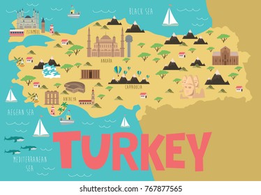 Illustration Map Turkey Nature Animals Landmarks Stock Vector (Royalty ...