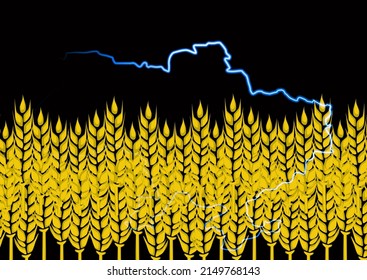 Illustration with a map of Ukraine and ears of wheat. Can be used on the issue of wheat exports from Ukraine.