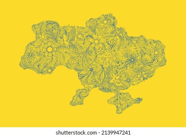 Illustration with map of Ukraine with flowers on yellow. Blue and yellow color theme. Ukrainian ornament with florals. Ukraine map with folk illustration. Stylized map of Ukraine with blue florals