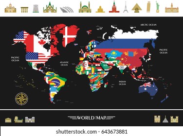 Illustration - map of the world with flags of all countries.
