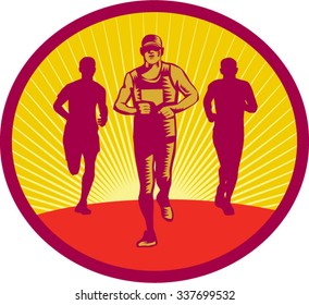 Illustration of a marathon runner with fellow runners in the back viewed from front set inside circle with sunburst in the background done in retro woodcut style.
