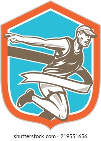 Illustration of a marathon runner running to the finish line tape set inside shield crest shape on isolated background done in retro style. 