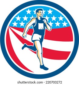 Illustration of a marathon runner running set inside circle with american stars and stripes in the background done in retro style.