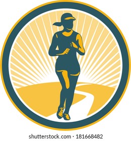 Illustration of marathon triathlete runner running winning finishing race viewed from front set inside circle on isolated background done in retro style.