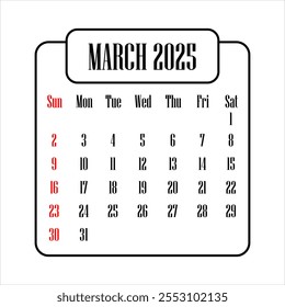 Illustration of March 2025 calendar