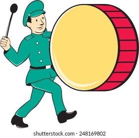 Illustration of a marching band brass band drummer beating drum viewed from side on isolated background done in cartoon style.