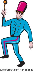 Illustration of a marching band leader holding baton marching viewed from the side set on isolated white background done in cartoon style. 