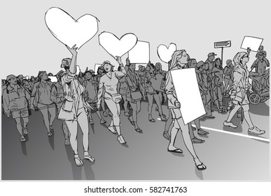 Illustration of marching crowd demonstrating for human rights with blank signs and banners in grey scale