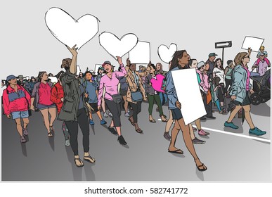 Illustration Of Marching Crowd Demonstrating For Human Rights With Blank Signs And Banners In Color