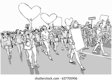 Illustration of marching crowd demonstrating for human rights with blank signs and banners 