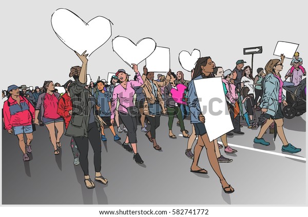 Illustration Marching Crowd Demonstrating Human Rights Stock Vector Royalty Free