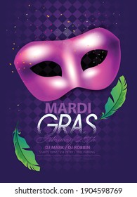 Illustration of Mardi gras Carnival mask with feathers and Beautiful design for poster, party invitation, banner or flyer 