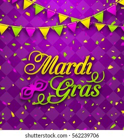 Illustration Mardi Gras Lettering Background, Invitation for Fat Tuesday, Poster in Traditional Colors - Vector