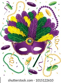 Illustration of a Mardi Gras mask with beads, dublooms and confetti