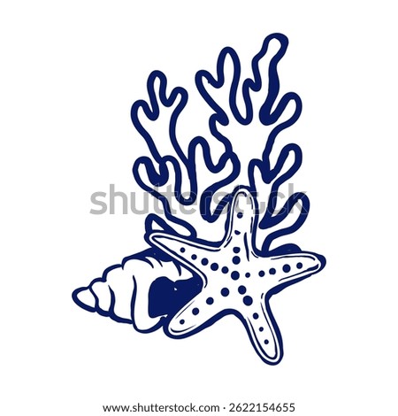 Illustration of a marine composition featuring coral, starfish and seashell, created in an isolated vector style using blue ink. Perfect for summer prints, packaging design, stickers, and beach-them

