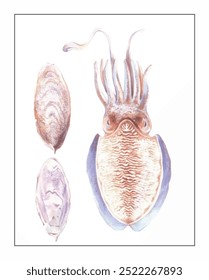 Illustration of a marine creature with a textured, fan-like body, tentacles above, alongside two views of its patterned, oval shell.