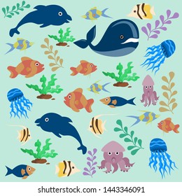 Illustration of marine life under the sea, squid, and fish that swim through coral