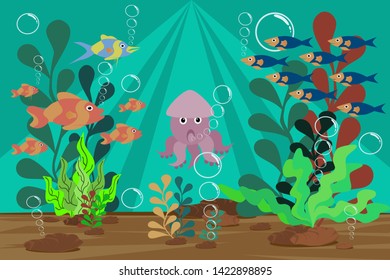 Illustration of marine life under the sea,squid,moths and fish that swim through coral