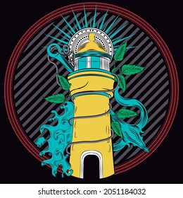 Illustration marine lighthouse with anchor in marine tattoo design