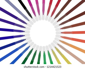 Illustration of markers arranged in a circle with an empty space in the middle for the logo on a white background. For advertising markers. For art advertising and drawing courses. Set felt-tip pen.