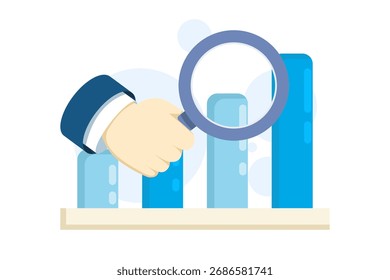 Illustration of market or data analysis with magnifying glass and column charts, symbolizing rising trends, increased revenue, profit growth, and improved sales performance.