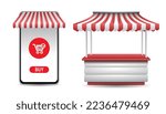 illustration of market stall or mobile commerce with red and white awning striped isolated