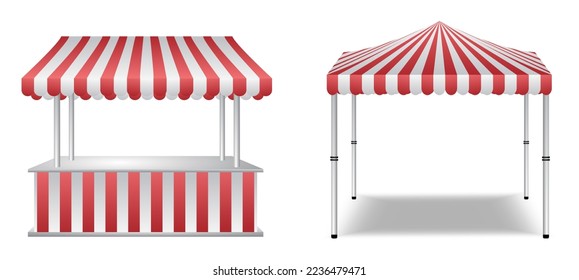 illustration of market stall or mobile commerce with red and white awning striped isolated