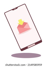 Illustration: Marketing email inbox on a floating mobile smartphone. Clean, flat, pastel color, simple, minimalist design for a modern and sleek appearance.