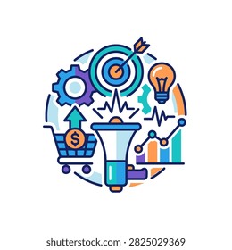 Illustration of marketing strategy elements including a megaphone, target, shopping cart, lightbulb, and charts.